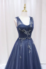 Bridesmaids Dress Blue, Blue Tulle Beaded Long Prom Dress, Blue A-Line Evening Party Dress