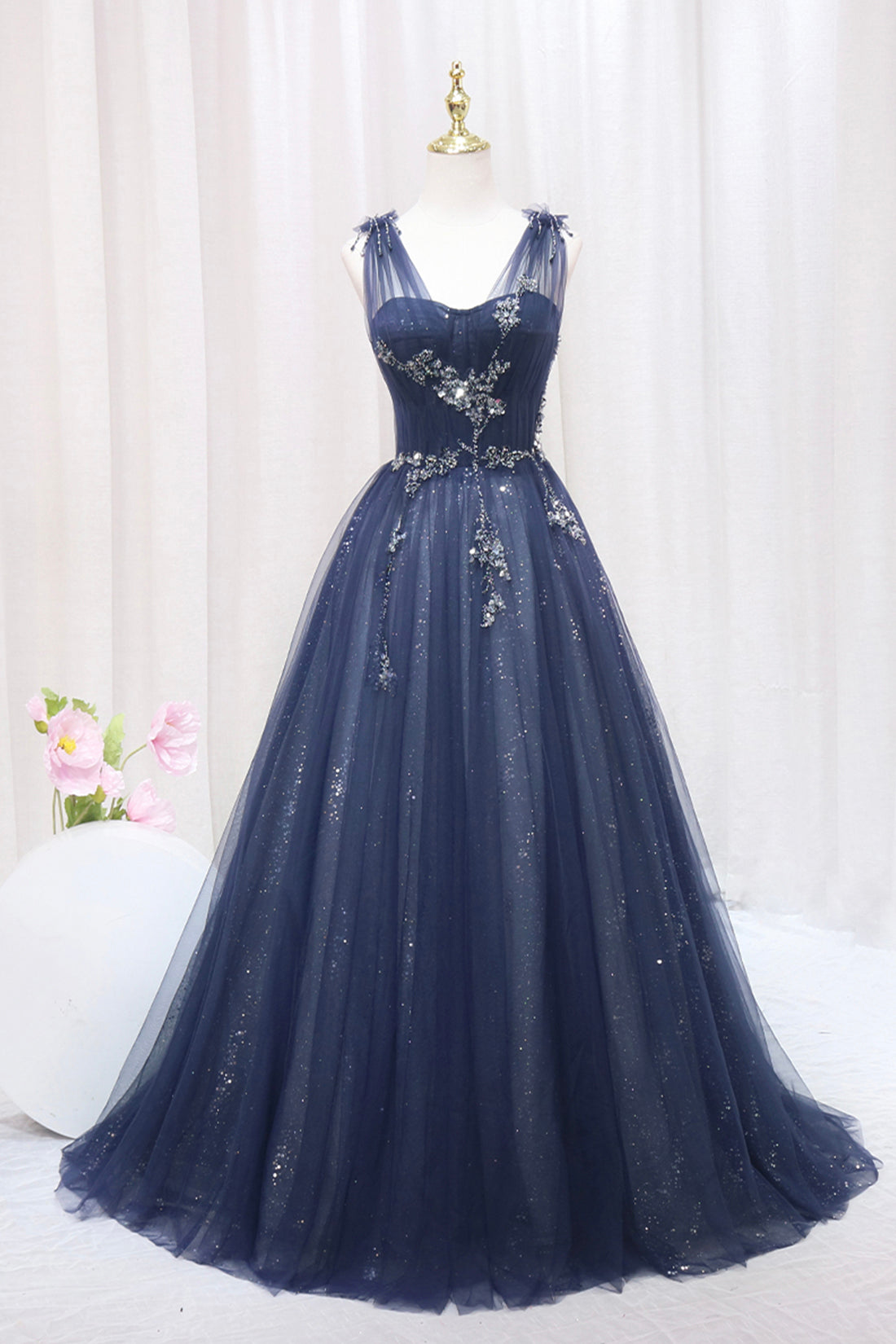 Bridesmaid Dresses Blues, Blue Tulle Beaded Long Prom Dress, Blue A-Line Evening Party Dress
