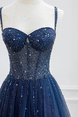 Bridesmaid Dresses Style, Blue Tulle Beaded Long Prom Dress Formal Dress, Blue Evening Dress
