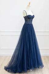 Bridesmaids Dresses Styles, Blue Tulle Beaded Long Prom Dress Formal Dress, Blue Evening Dress