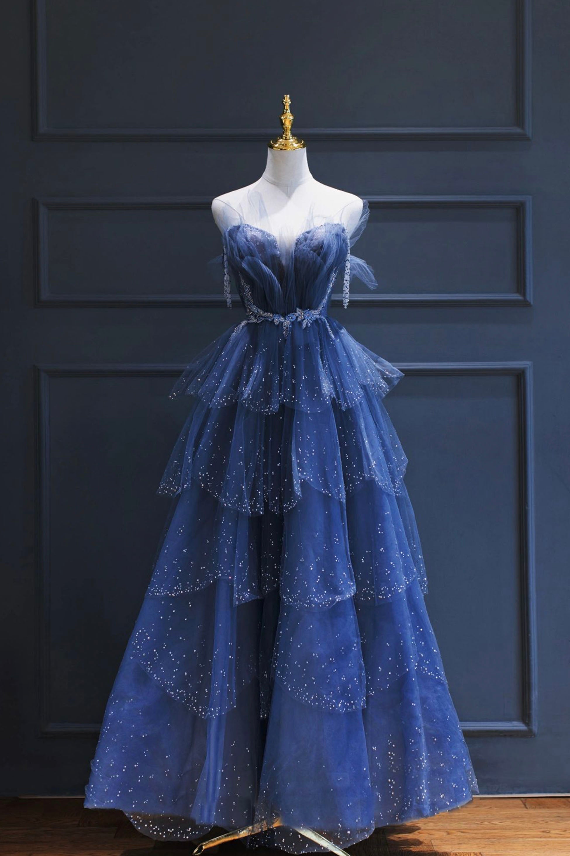 Prom Pictures, Blue Tulle Beaded Long Senior Prom Dress, A-Line Strapless Evening Party Dress