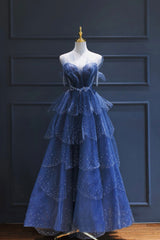 Prom Pictures, Blue Tulle Beaded Long Senior Prom Dress, A-Line Strapless Evening Party Dress