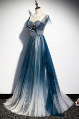 Bridesmaid Dresses Idea, Blue Tulle Beading Long A-Line Prom Dress, Scoop Neckline Evening Dress