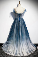 Bridesmaids Dress Ideas, Blue Tulle Beading Long A-Line Prom Dress, Scoop Neckline Evening Dress