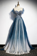 Bridesmaids Dresses Idea, Blue Tulle Beading Long A-Line Prom Dress, Scoop Neckline Evening Dress