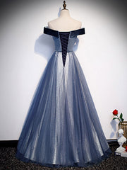 Dance Dress, Blue Tulle Beads Long Prom Dress, Blue Tulle Formal Dress