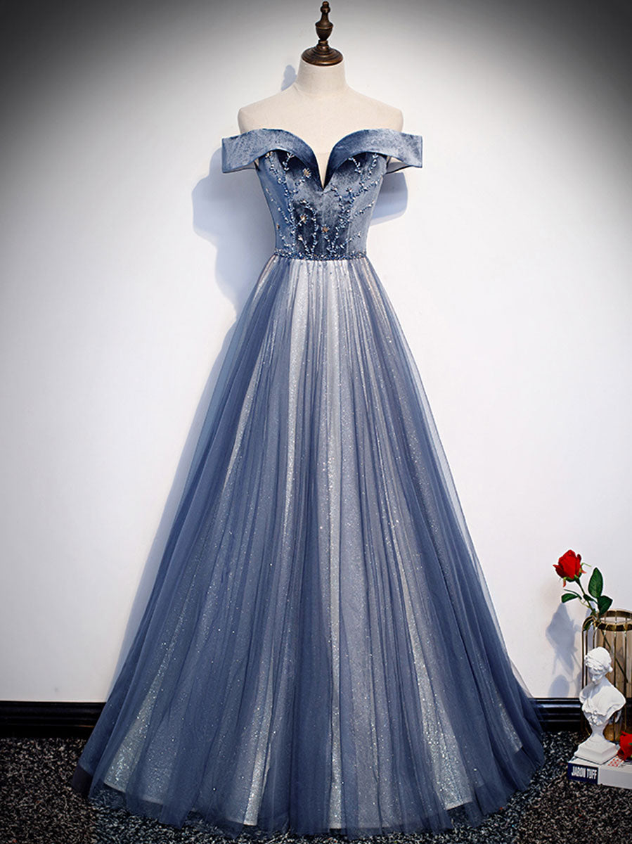 Burgundy Prom Dress, Blue Tulle Beads Long Prom Dress, Blue Tulle Formal Dress