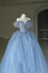 Prom Dresses Off Shoulder, Blue Tulle Floor Length Prom Dress, Off the Shoulder Evening Dress with 3D Flowers