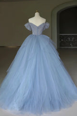 Prom Dress Off Shoulder, Blue Tulle Floor Length Prom Dress, Off the Shoulder Evening Dress with 3D Flowers