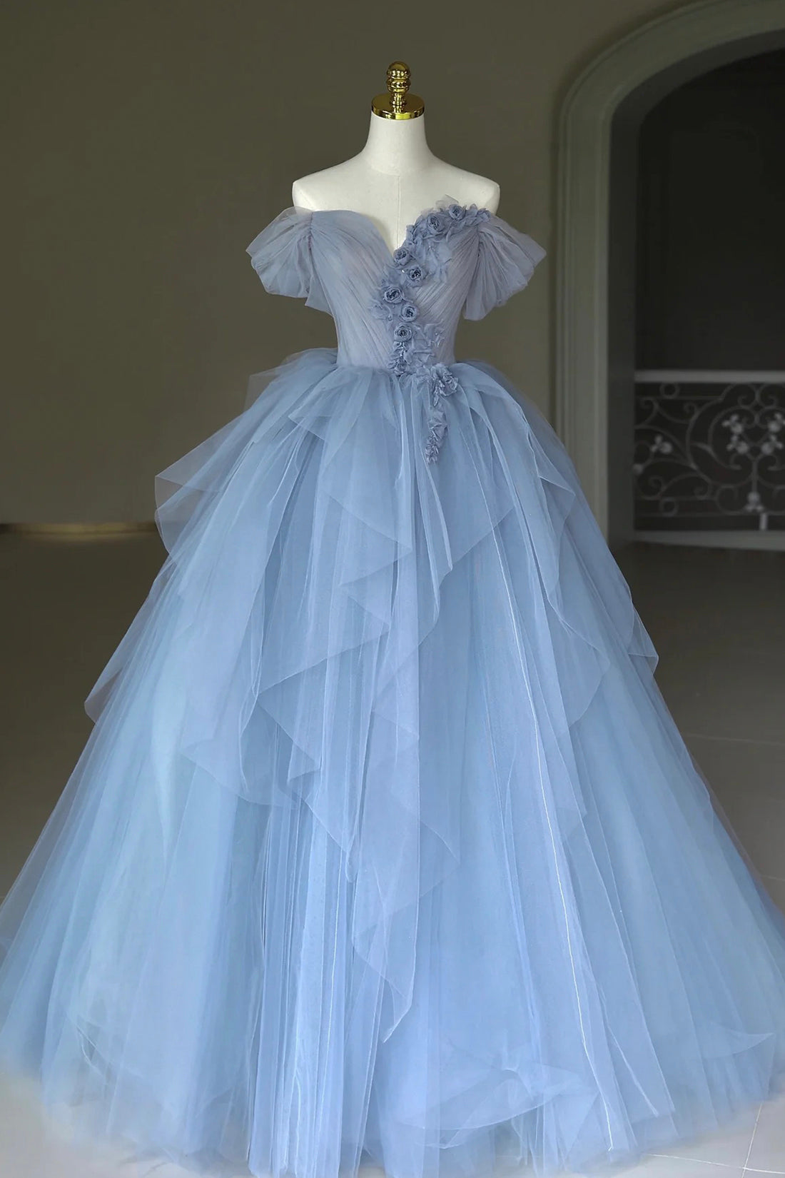 Prom Dress Floral, Blue Tulle Floor Length Prom Dress, Off the Shoulder Evening Dress with 3D Flowers