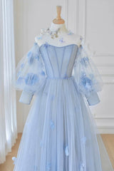 Bridesmaid Dresses Style, Blue Tulle Flowers Long Prom Dress, Lovely A-Line Puff Sleeve Evening Dress