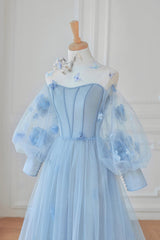 Bridesmaids Dresses Styles, Blue Tulle Flowers Long Prom Dress, Lovely A-Line Puff Sleeve Evening Dress