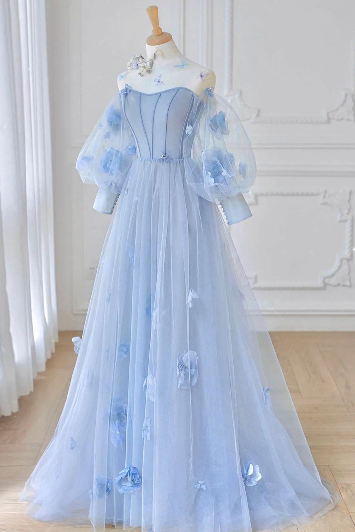 Bridesmaid Dresses White, Blue Tulle Flowers Long Prom Dress, Lovely A-Line Puff Sleeve Evening Dress