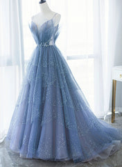 Party Dress Wedding Guest Dress, Blue Tulle Gorgeous V Neck Long Prom Dress, A-line Tulle Formal Evening Dress