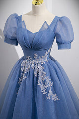 Formal Dress Classy, Blue Tulle Lace Floor Length Prom Dress, Blue Short Sleeve Evening Dress