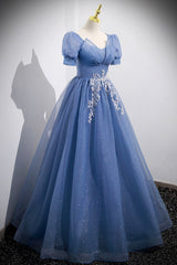 Formal Dressed Long Gowns, Blue Tulle Lace Floor Length Prom Dress, Blue Short Sleeve Evening Dress