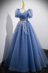 Formal Dress Long Gown, Blue Tulle Lace Floor Length Prom Dress, Blue Short Sleeve Evening Dress