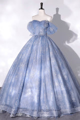 Formal Dresses For Winter, Blue Tulle Lace Long Ball Gown, Off the Shoulder Formal Evening Gown