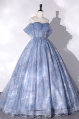 Formal Dresses Pink, Blue Tulle Lace Long Ball Gown, Off the Shoulder Formal Evening Gown