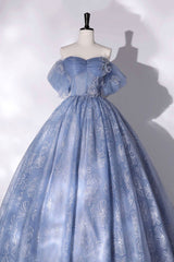 Formal Dresses Elegant Classy, Blue Tulle Lace Long Ball Gown, Off the Shoulder Formal Evening Gown