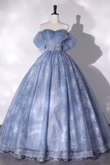 Formal Dress For Winter, Blue Tulle Lace Long Ball Gown, Off the Shoulder Formal Evening Gown