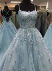 Prom Dress Styling Hair, Blue tulle lace long prom dress, blue evening dresses