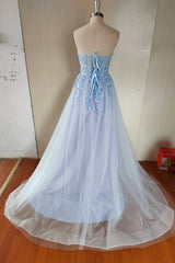 Evening Dress Sleeve, Blue Tulle Lace Long Prom Dress, Blue Strapless Evening Dress with Slit