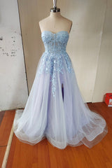 Evening Dress Red, Blue Tulle Lace Long Prom Dress, Blue Strapless Evening Dress with Slit