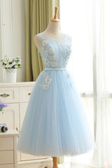 Prom Dress Curvy, Blue Tulle Lace Short Prom Dress, A-Line Homecoming Party Dress