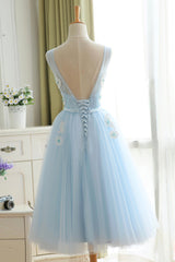 Prom Dress Open Back, Blue Tulle Lace Short Prom Dress, A-Line Homecoming Party Dress