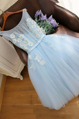 Prom Dresses Curvy, Blue Tulle Lace Short Prom Dress, A-Line Homecoming Party Dress