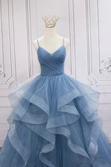 Evening Dresses For Over 59, Blue Tulle Layers Long Formal Dress, Blue Tulle with Straps Party Dress