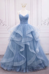 Evening Dresses Knee Length, Blue Tulle Layers Long Formal Dress, Blue Tulle with Straps Party Dress