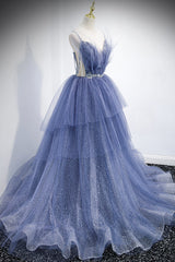 Bridesmaid Dresses Fall Colors, Blue Tulle Layers Long Prom Dress, A-Line Spaghetti Strap Party Dress