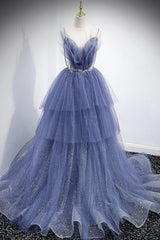 Bridesmaid Dress Fall Wedding, Blue Tulle Layers Long Prom Dress, A-Line Spaghetti Strap Party Dress