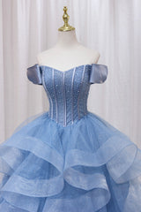 Party Dress Fashion, Blue Tulle Layers Long Prom Gown, A-Line Blue Evening Dress