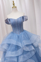 Party Dress Wedding, Blue Tulle Layers Long Prom Gown, A-Line Blue Evening Dress