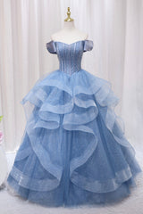 Party Dress Short, Blue Tulle Layers Long Prom Gown, A-Line Blue Evening Dress