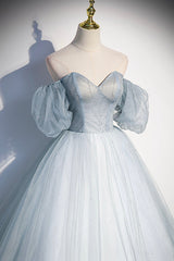 Prom Dresses Silk, Blue Tulle Long A-Line Ball Gown, Off the Shoulder Formal Evening Dress