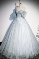 Prom Dress Pieces, Blue Tulle Long A-Line Ball Gown, Off the Shoulder Formal Evening Dress