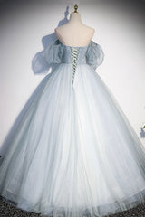 Prom Dresses Piece, Blue Tulle Long A-Line Ball Gown, Off the Shoulder Formal Evening Dress