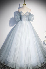 Prom Dress Long Elegant, Blue Tulle Long A-Line Ball Gown, Off the Shoulder Formal Evening Dress