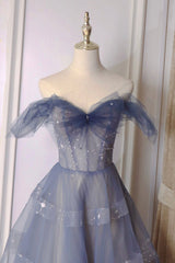 Prom Dress Two Piece, Blue Tulle Long A-Line Prom Dress