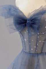 Prom Dresses Two Pieces, Blue Tulle Long A-Line Prom Dress