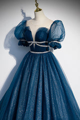 Bridesmaid Dresses Inspiration, Blue Tulle Long A-Line Prom Dress, A-Line Short Sleeve Evening Dress