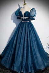 Bridesmaid Dress Inspiration, Blue Tulle Long A-Line Prom Dress, A-Line Short Sleeve Evening Dress