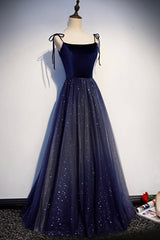 Hoco Dress, Blue Tulle Long A-Line Prom Dress, Blue Spaghetti Strap Evening Party Dress