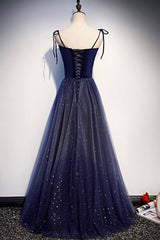 Elegant Dress, Blue Tulle Long A-Line Prom Dress, Blue Spaghetti Strap Evening Party Dress