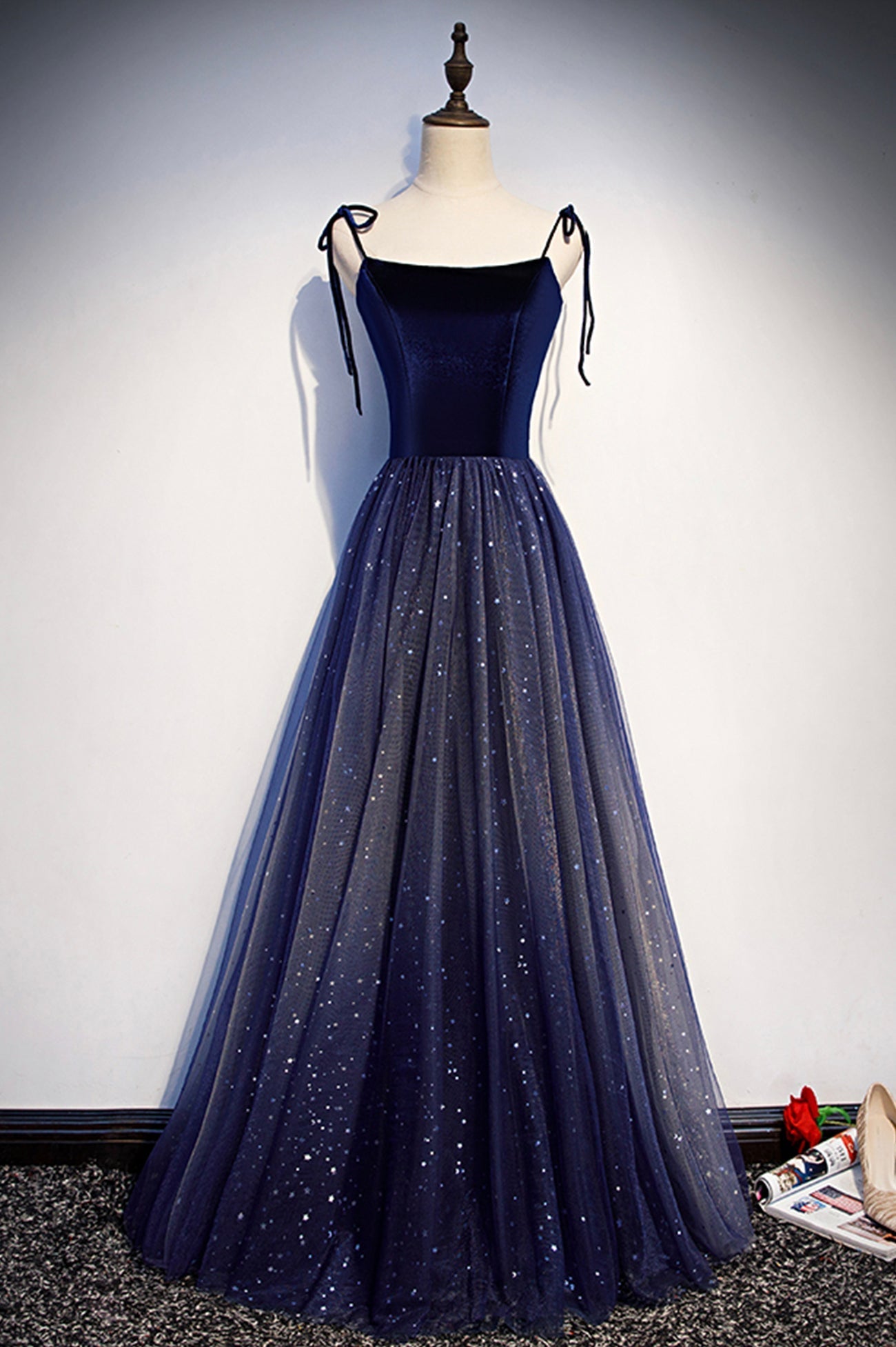 Red Dress, Blue Tulle Long A-Line Prom Dress, Blue Spaghetti Strap Evening Party Dress