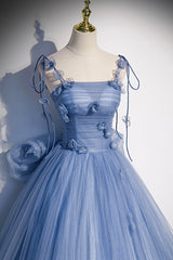 Prom Dresses Sweetheart, Blue Tulle Long A-Line Prom Dress, Blue Spaghetti Straps Party Dress with Bow